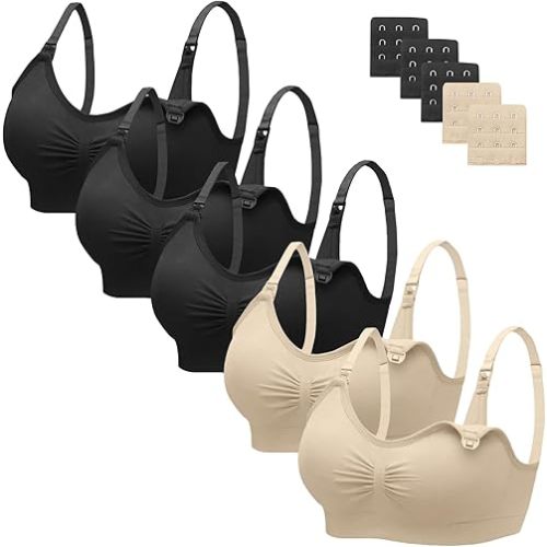 Angelhood Nursing Bra 5 Pack Womens Maternity Breastfeeding Bra Seamless Wireless Sleep Bra with Bra Extenders