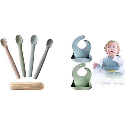 Moonkie Silicone Baby Spoons & Bibs Set | 4 Feeding Spoons for First Stage 4+ Months, Chewproof & Bendable with Case + 2 Adjustable Waterproof Silicone Bibs for Babies & Toddlers | BPA Free, Soft (Eth