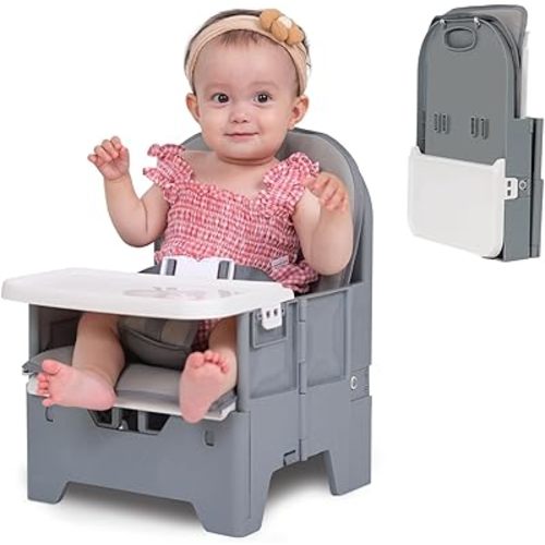 BABELIO Portable Booster Seat for Kitchen Chair with PU Waterproof Cushion, Compact Folding High Baby Chair for Travel with Feeding Tray, Great for Baby, Dining Table, Camping, Beach, Slate Grey