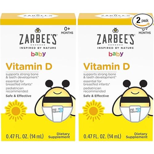 Zarbee's Vitamin D Drops for Infants,400IU (10mcg) Baby & Toddler Liquid Supplement,Newborn & Up,Dropper Syringe Included,0.47 Fl Oz,(Pack of 2)