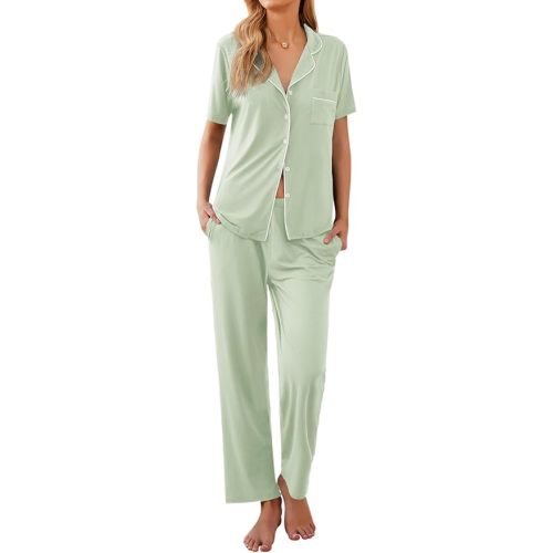 Ekouaer Women Pajamas Set Button Down Sleepwear Short Sleeve Nightwear with Long Pants Soft Pjs Set S-XXL
