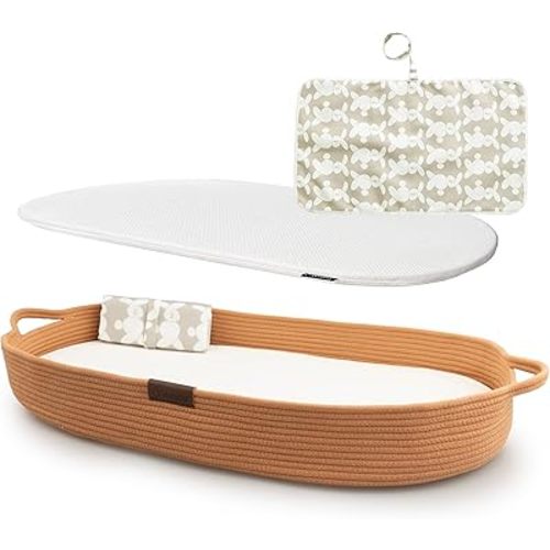 XL Reinforced Baby Changing Basket with Extra Travel Diaper pad, Foldable Baby Changing Pad with Water Repellent Cover, Cotton Rope Baby Basket, Changing Table Topper for Dresser (Brick)