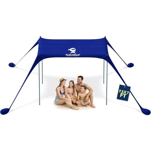 SUN NINJA Beach Tent Sun Shelter UPF50+ - Easy Pop Up Beach Canopy - Outdoor Shade for Camping Trips, Fishing, Backyard Fun Picnics - Sand Shovel, Ground Pegs & Stability Poles