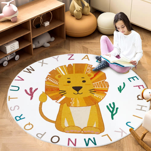 Lanpei ABC Lion Rug Carpet 4Ft Round Boho Jungle Animal Play Mat Circle Safari Nursery Rug Alphabet Educational Rug for Boys Girls Bedroom Playroom Decor