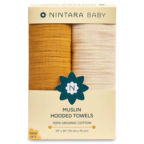Hooded Towel - 100% Organic Premium Muslin Cotton, 30" x 30", Ultra-Absorbent, Soft, Breathable, Hypoallergenic, Multipurpose, Gifts for Babies & Infants, Pack of 2