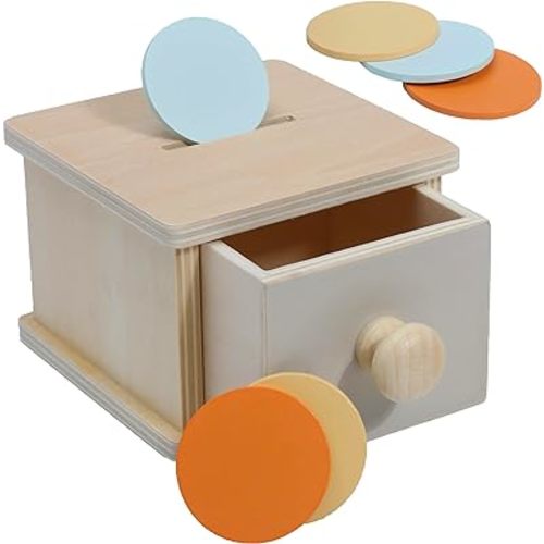 Montessori Coin Box, Montessori Toys for 1 Year Old Toddler Coins, Baby Wooden Toy Ball Infant Drawer Drop, 1+ Baby Essentials Object Permanence Learning
