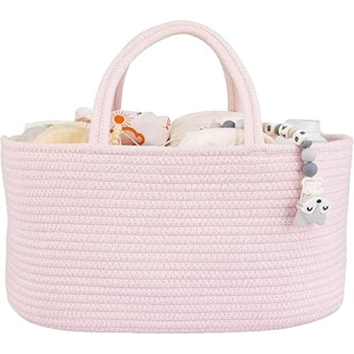 Baby Diaper Caddy Organizer for Girl Boy Rope Nursery Storage Bin Basket Portable Holder Tote Bag for Changing Table Car Travel Baby Shower Gifts Newborn Essentials Registry Must Have Items Pink