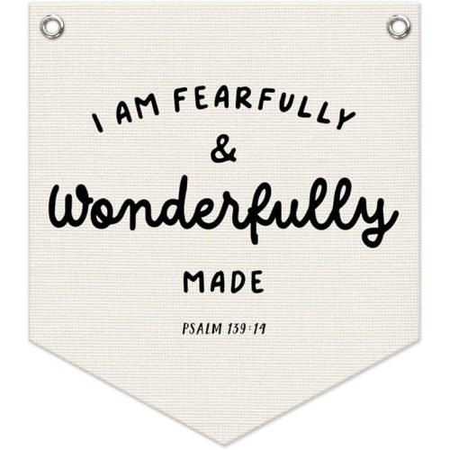 Bible Verse Banner – "I Am Fearfully and Wonderfully Made" Linen Wall Hanging, Religious Decor for Kids Room, Nursery, Classroom, 12.4x14 in