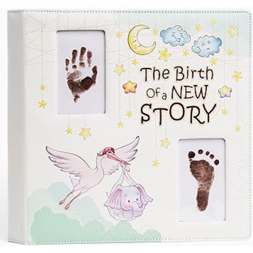 Leather-Bound Baby Memory Book - Baby Scrapbook Album with Baby Footprint Ink Pads and Milestone Stickers | Baby Scrap Book Memory Keepsake Journal for Newborn Boys Girls