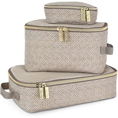 Itzy Ritzy Packing Cubes for Travel – Set of 3 Packing Cubes or Travel Organizers; Each Travel Cube Features a Mesh Top, Double Zippers and a Fabric Handle (Taupe)