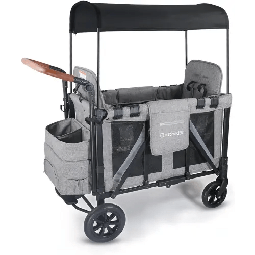 Elite 2S 2-Seater Wagon Stroller for Kids – One-Hand Fold Design, High Seats with 5-Point Harness, Adjustable Handlebar, Removable Canopy & Compact Storage, Light Grey