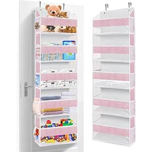 homyfort Over The Door Hanging Organizer with 5 Large Pockets 10 Mesh Side Pockets, 5-Shelf Extra Large and Sturdy Hanging Storage Organizer for Pantry, Nursery (Pink)