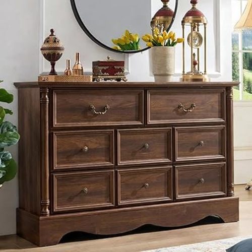 Farmhouse 8 Drawers Dresser for Bedroom with Charging Station, 54" Wide Wood Country Rustic Storage Dressers Organizer, Vintage Design Chest of Drawers TV Stand