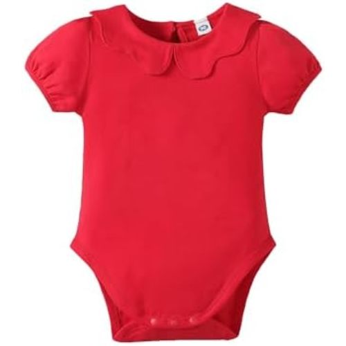 LYSMuch 0-24Mo Baby Girls Peter Pan Collar Bodysuit Toddler Ruffle Romper Short Sleeve Solid Color Clothes