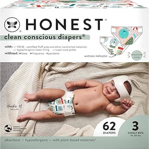 The Honest Company Clean Conscious Diapers | Plant-Based, Sustainable | Winter '24 Limited Edition Prints | Club Box, Size 3 (16-28 lbs), 62 Count
