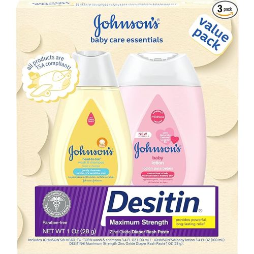 Johnson's Baby Care Essentials Gift Set, Baby Skincare Set with Body Wash & Shampoo, Body Lotion, & Zinc Oxide Diaper Rash Paste for Baby's Delicate Skin, Value Pack, Travel-Size, 3 items