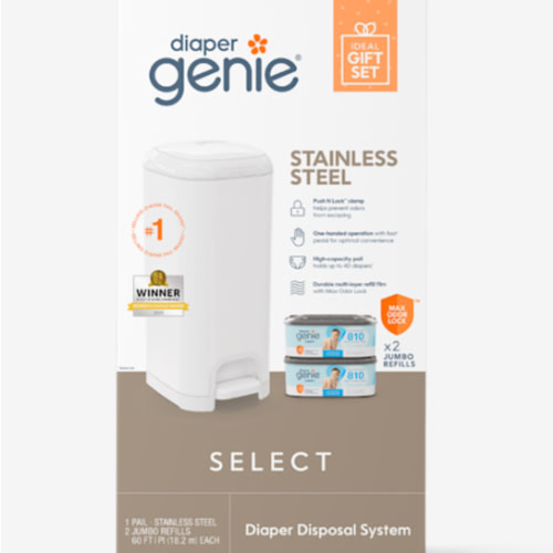 Diaper Genie Select Pail Registry Gift Set (White) | Made of Durable Stainless Steel Metal | Includes 2 Jumbo Refills | Holds 1620 Newborn Diapers