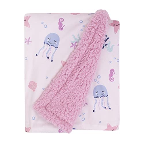 NOJO Mermaid Lagoon Pink and Blue Seashells, Jellyfish, Coral, and Seahorses Super Soft Sherpa Baby Blanket