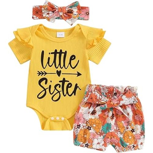 Newborn Baby Girl Auntie Outfits Auntie's Bestie Short Sleeve Ribbed Romper Floral Shorts Clothes with Headband