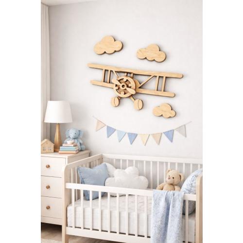 Wooden Nursery Airplane and Clouds Wall Art | Unfinished Baby Room Decor | Customizable Sizes Styles