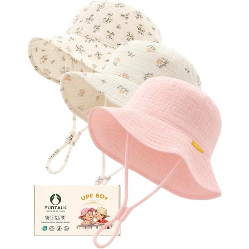 FURTALK Baby Sun Hat Muslin Cotton Toddler Bucket Hat for Girls Boys Wide Brim UPF 50+ Summer Beach Hats