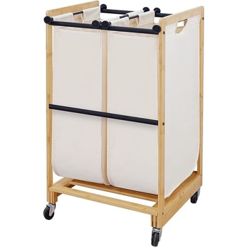 STO STO Laundry Sorter 2 Section with Bamboo Frame, 2 Bag Laundry Hamper, Rolling Laundry Cart Basket with Lockable Wheels and Removable Bag for Clothes Storage in Laundry Room and Bedroom, Beige