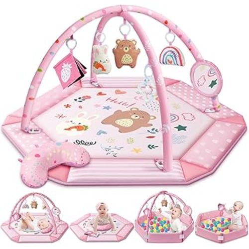 Baby Gym Play Mat, 8-in-1 Tummy Time Mat & Ball Pit with 6 Toys, Washable Baby Activity Mat for Visual, Hearing, Sensory, Motor Development, Baby Gift for Newborn Infant 0-3-6-9-12 Months (Pink)