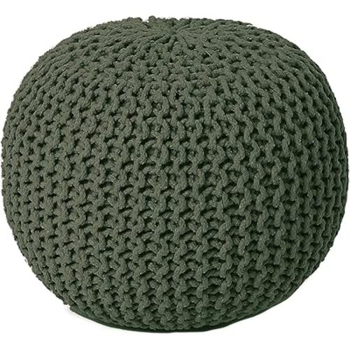 REDEARTH Round Hand Knitted Pouf - Foot Stool Bean Bag Ottoman - Cord Boho Pouffe - Poof Accent Beanbag Footrest for Living Room - Bedroom - Patio - Lounge (19.5"x19.5"x14") - Olive