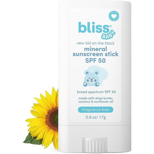 Bliss Baby Mineral Face Sunscreen Stick, SPF 50, Natural Zinc Oxide, Unscented, Hypoallergenic & Dermat Tested, Water-Resistant, Vegan, Sensitive Skin - For Toddlers, Babies, Kids & Whole Family