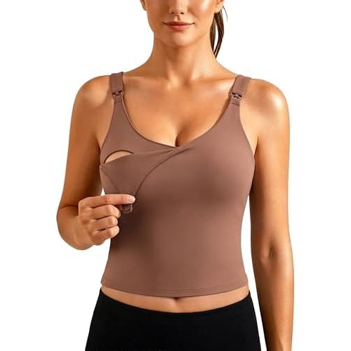 Ecavus Nursing Bras for Breastfeeding Longline Sports Maternity V Neck Buttery Soft Crop Tank Top with Built in Bra