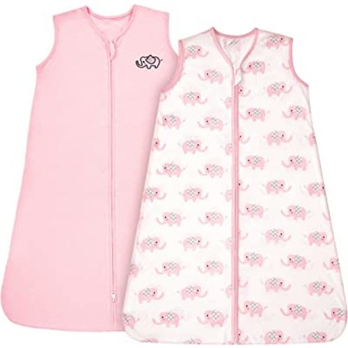 TILLYOU Sleep Sack 2 Pack - Baby Wearable Blanket with 2-Way Zipper, Extra Soft Cotton Sleeveless Sleeping Bag for Infants, Pink Elephant, 0-6 Months