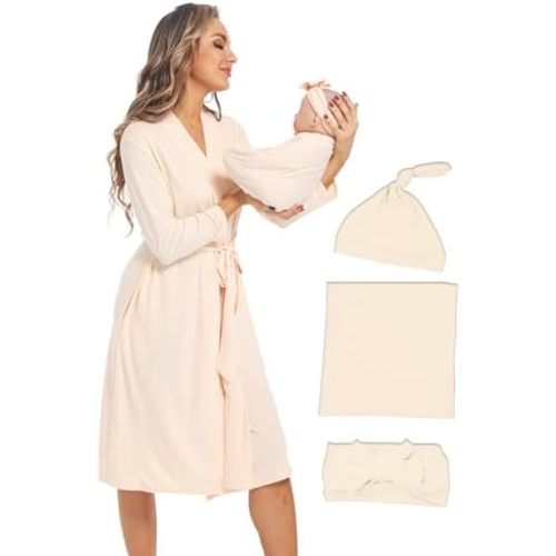 QTECLOR Maternity Robe with Matching Swaddle Blanket Set,Maternity Barhrobe Delivery Labor Robe for Hospital Women Dress