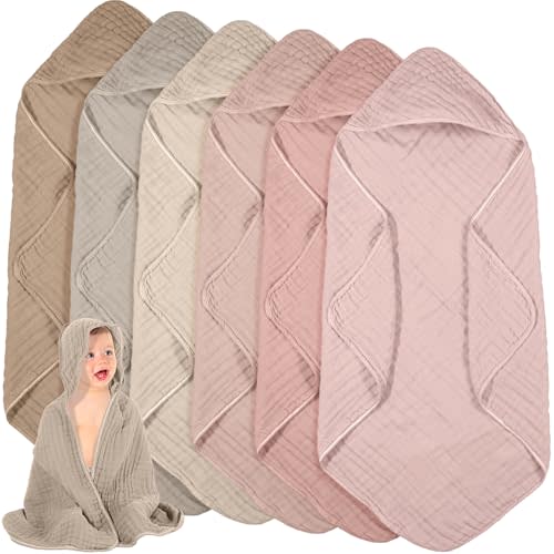 Peryiter 6 Pcs Muslin Hooded Baby Towels, 32"x 32" Cotton Newborn Bath Towel Muslin Infant Baby Blankets Absorbent Unisex Newborn Registry Gift Essentials for Girls Boys (Brown and Pink Series)