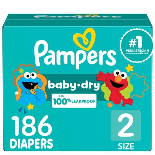 Pampers Diapers - Baby Dry - Size 2, 186 Count, Absorbent Disposable Infant Diaper (Packaging May Vary)