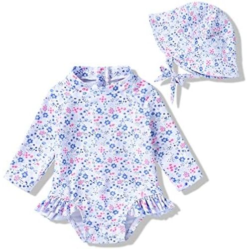 Infant Baby Girl Swimsuit One-Piece Long Sleeve Rash Guard with Hat Set Floral Zipper Bathing Suit Leopard Beach Wear