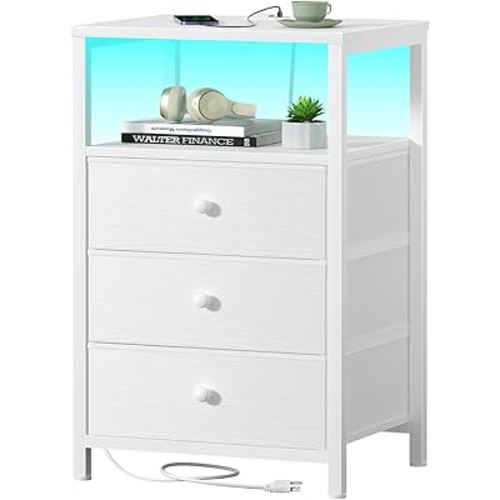 BOLUO White Night Stand with 3 Fabric Drawers, Nightstand with Charging Station LED Nightstand for Bedroom, Bedside Table with USB Ports and Outlets Modern