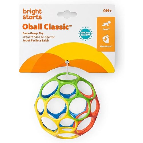 Bright Starts Oball Easy Grasp Classic Ball BPA-Free Infant Toy in Red, Yellow, Green, Blue, Age Newborn and up, 4 Inches