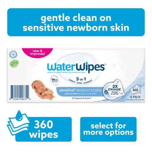 WaterWipes Sensitive+ Newborn & Baby Wipes, 3-In-1 Cleans, Cares, Protects, 99.9% Water, Unscented & Hypoallergenic, 6 Packs (360 Wipes)