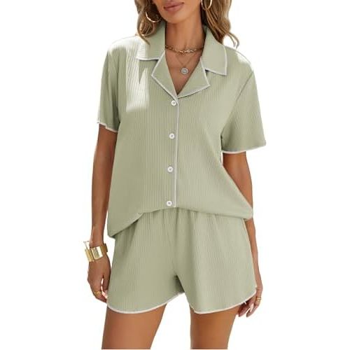 Ekouaer Women's Ribbed Button Down Pajamas Sets 2 Piece Short Sleeve Shorts Pjs Knit Lounge Sets