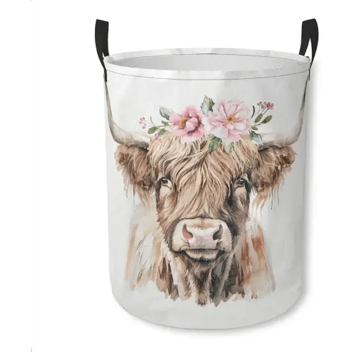 Laundry Basket Pink Floral Highland Cow Collapsible Laundry Hamper with Handles Clothes Storage Bin for Household Bedroom Bathroom College Dorms