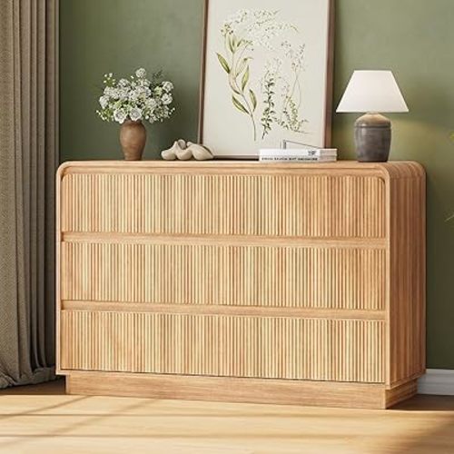Fluted 6 Drawer Dresser for Bedroom, 48" Wide Handleless Chest of Drawers with Curved Profile Design, Modern Wooden Dresser TV Stand with Organizer Storage for Living Room, Entryway, Natural Oak