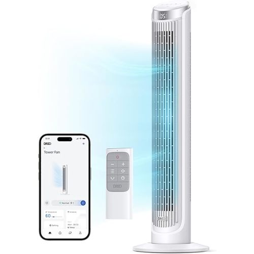Dreo Smart Tower Fan for Bedroom, Standing Fans for Indoors, 90° Oscillating, 26ft/s Velocity Quiet Floor Fan with Remote, 12H Timer, Voice Control Fans for Indoors, Compatible with Alexa