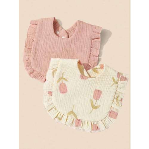 2pcs Infant Bibs With Ruffle Trim Decor, Lace Edging Pure Cotton Soft Drool Scarf | SHEIN USA