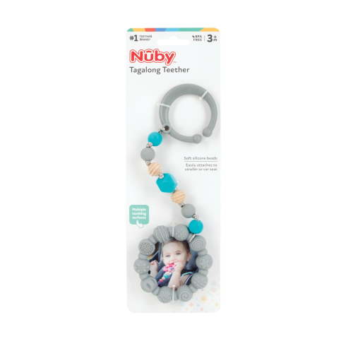 Nuby Tag-a-Long Silicone Infant Teether Toy with Ring, Beaded String, and Clip, Gray Baby Teether