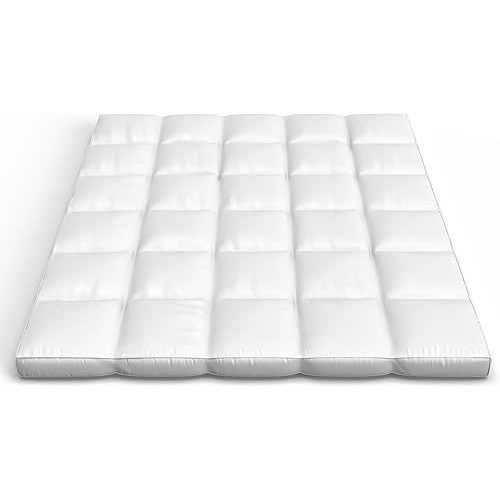 Pillow Top Queen Mattress Topper - Plush, Supportive Baffle Box Down and Duck Featherbed with 4-Inch Gusset and Cotton Cover by Lavish Home (White)