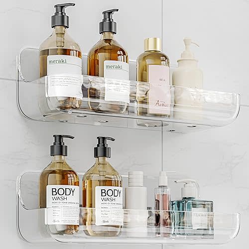 Adhesive Shower Caddy, 2 Pack Acrylic Bathroom Shelves, No Drill Wall Mount Organizer Storage Shelf