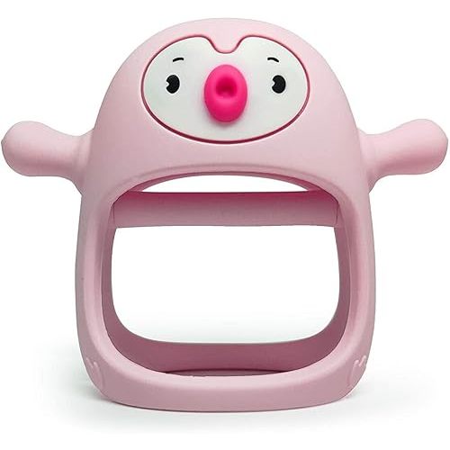 Yummy Baby Cute Penguin Teething Mitten for Babies, Easy to Hold, No-Drop Design, Silicone Baby Teether Toys, Relief from Teething Pain, Nipple Shaped Penguin Hands Comfort Gums (Pink)