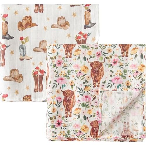 ittle Jump Muslin Swaddle Blankets for Boys Girls, 2 Pack Receiving Baby Blanket Large 47 x 47 inches, Soft Breathable Swaddling Wrap for Unisex Newborn (2 Pack Cow Girls)