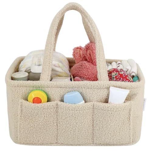 YelloIris Baby Diaper Caddy Organizer - Soft Sherpa Material with 3 Removable Storage Compartments and 6 Side Pockets - Nursery Storage Bin and Car Organizer for Diapers and Baby Wipes - Beige