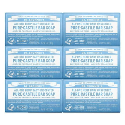 Dr. Bronners - Pure Castile Bar Soap Baby Unscented, 5 oz, 6 Pack